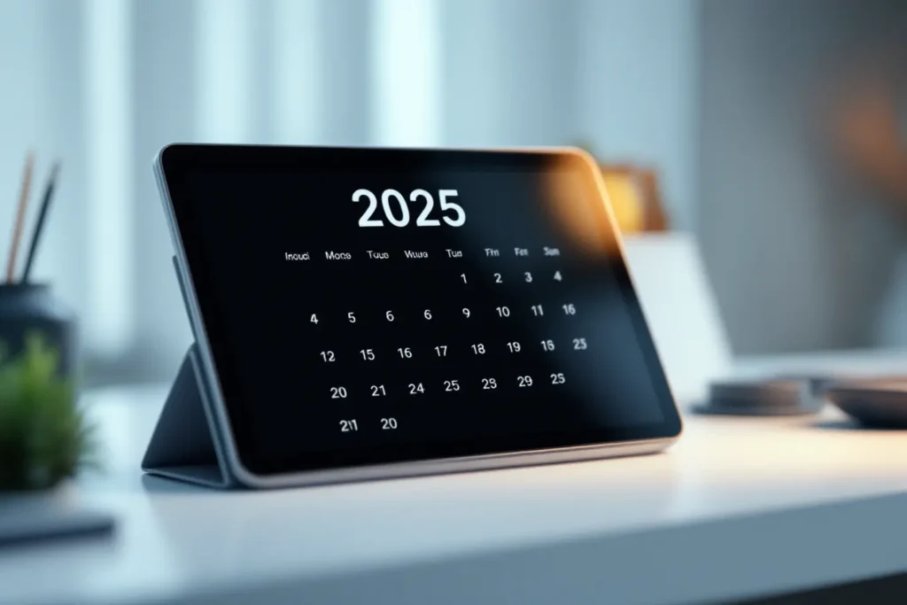 Calendário digital exibindo o ano de 2025 sobre mesa de escritório