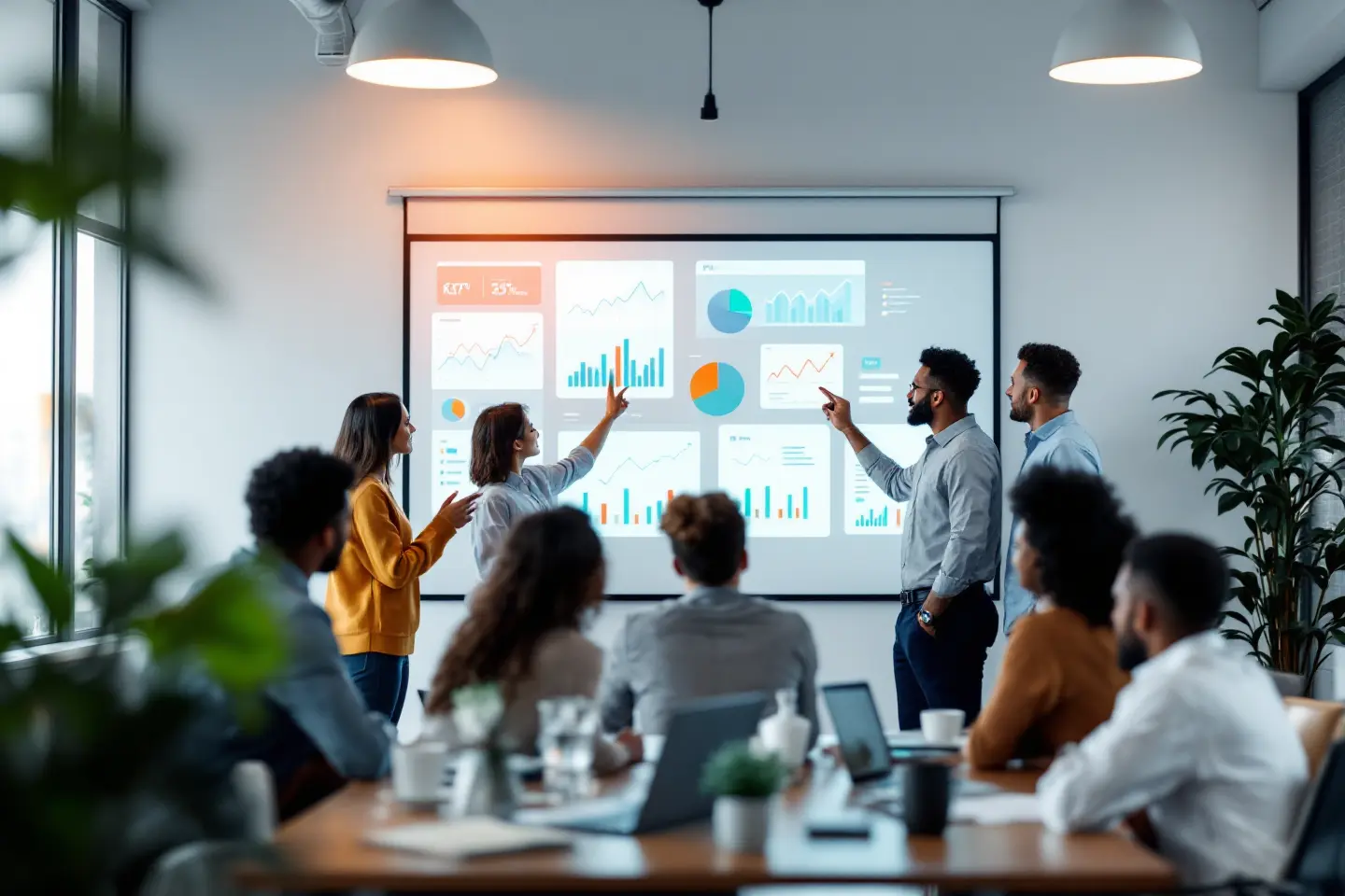 Profissionais analisando gráficos de desempenho em apresentação