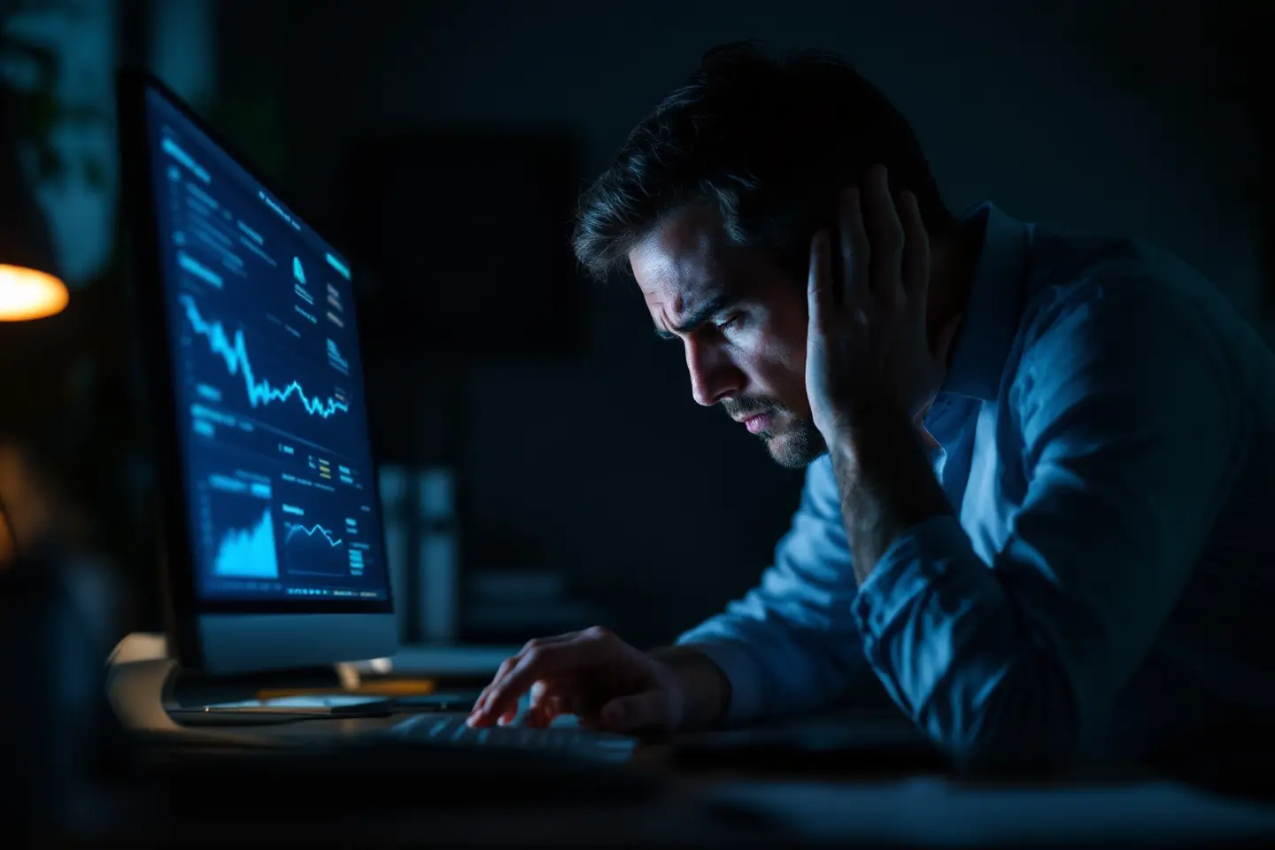 Homem preocupado observando gráficos de desempenho de anúncios digitais