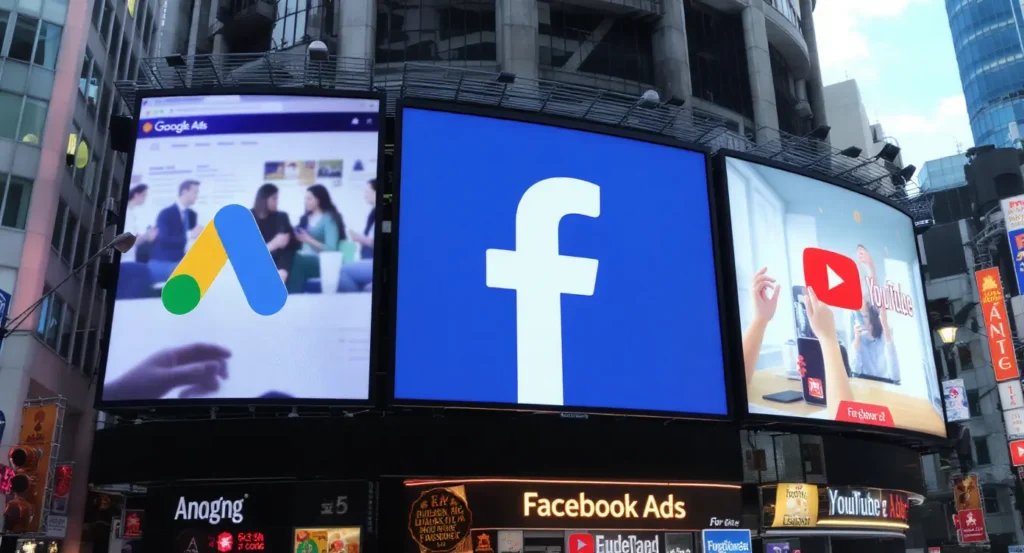 Telões de anúncios mostrando logotipos do Google Ads, Facebook e YouTube em área urbana