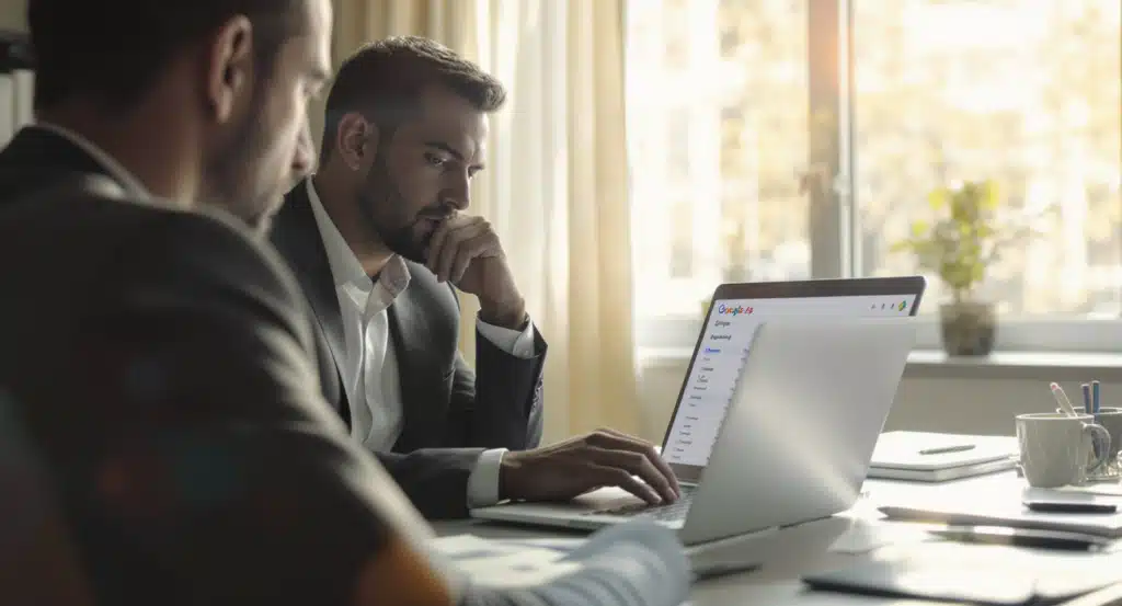 Dois homens avaliando campanhas no Google Ads em notebook

