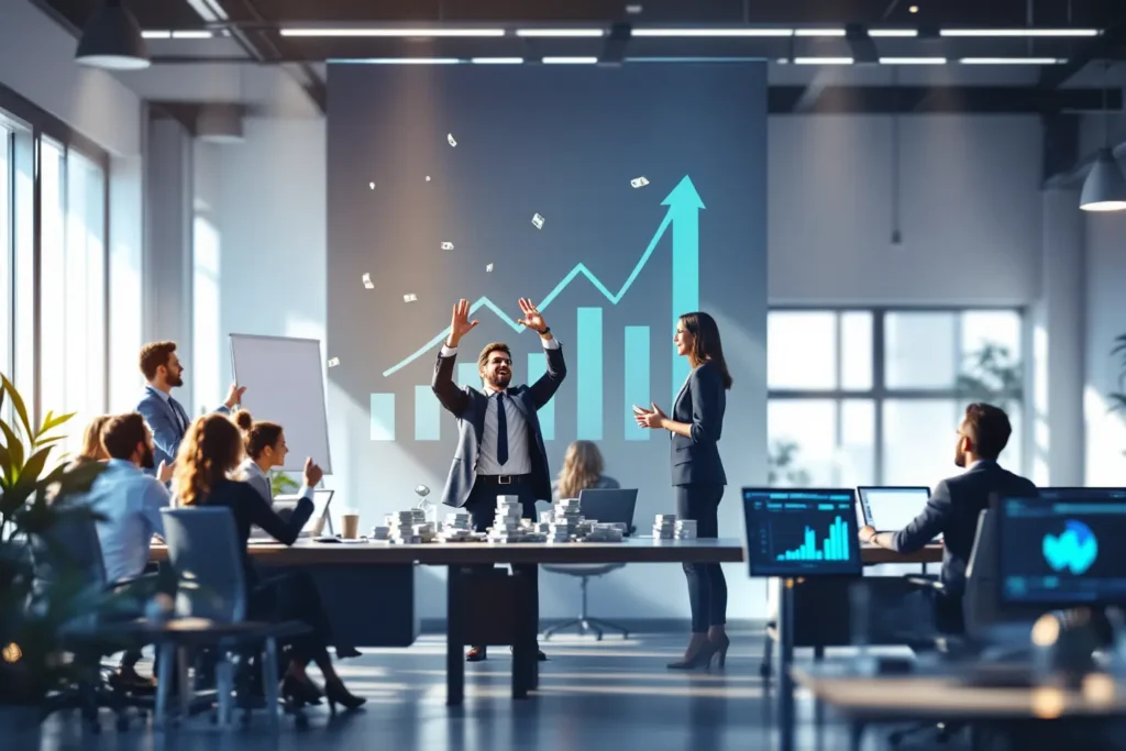 Executivos comemorando resultados financeiros positivos