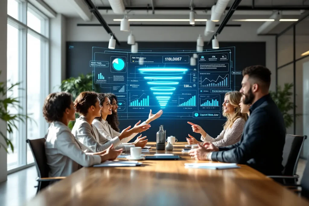 Equipe analisando funil de vendas em reunião estratégica