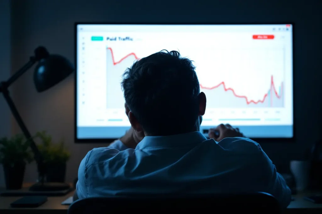 Empresário acompanhando queda de resultados em painel de tráfego pago