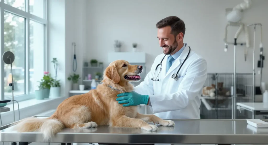 Veterinário examinando um cão golden retriever sobre a mesa de atendimento