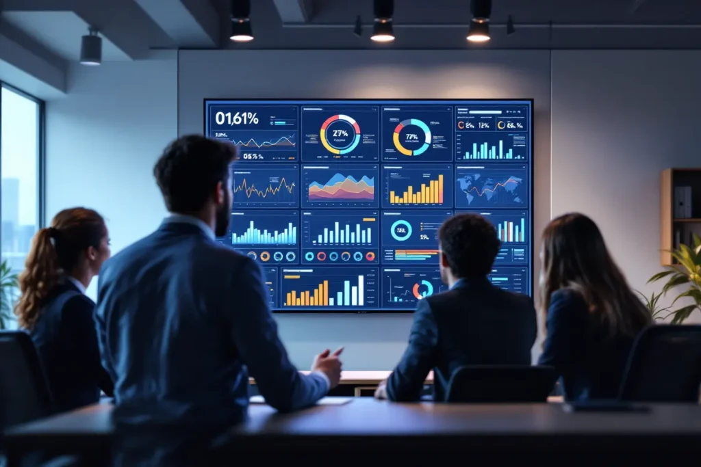 Equipe de marketing analisando métricas de tráfego pago e funil de vendas