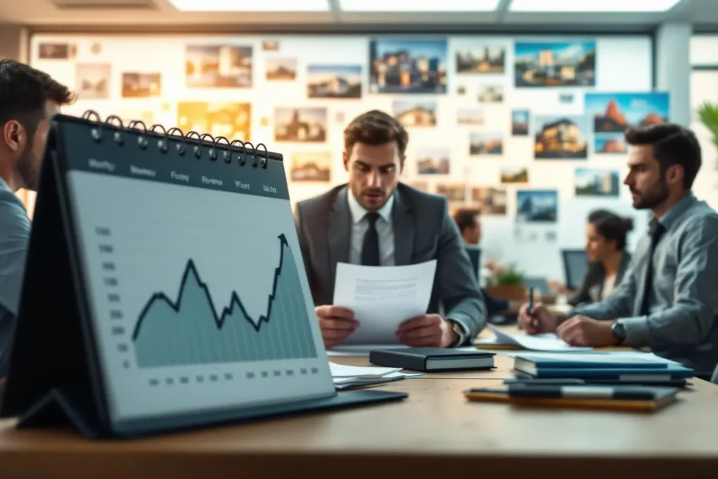 Empresários analisando relatório com gráfico de faturamento