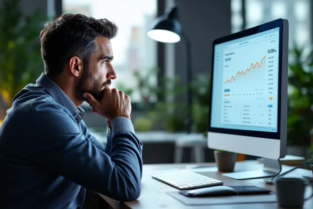 Profissional analisando métricas de tráfego pago em tela de computador