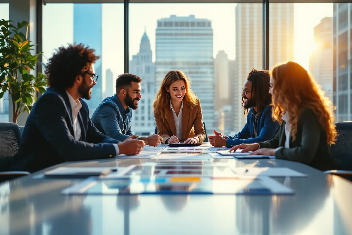 Equipe de negócios discutindo estratégia de marca em reunião de branding estratégico