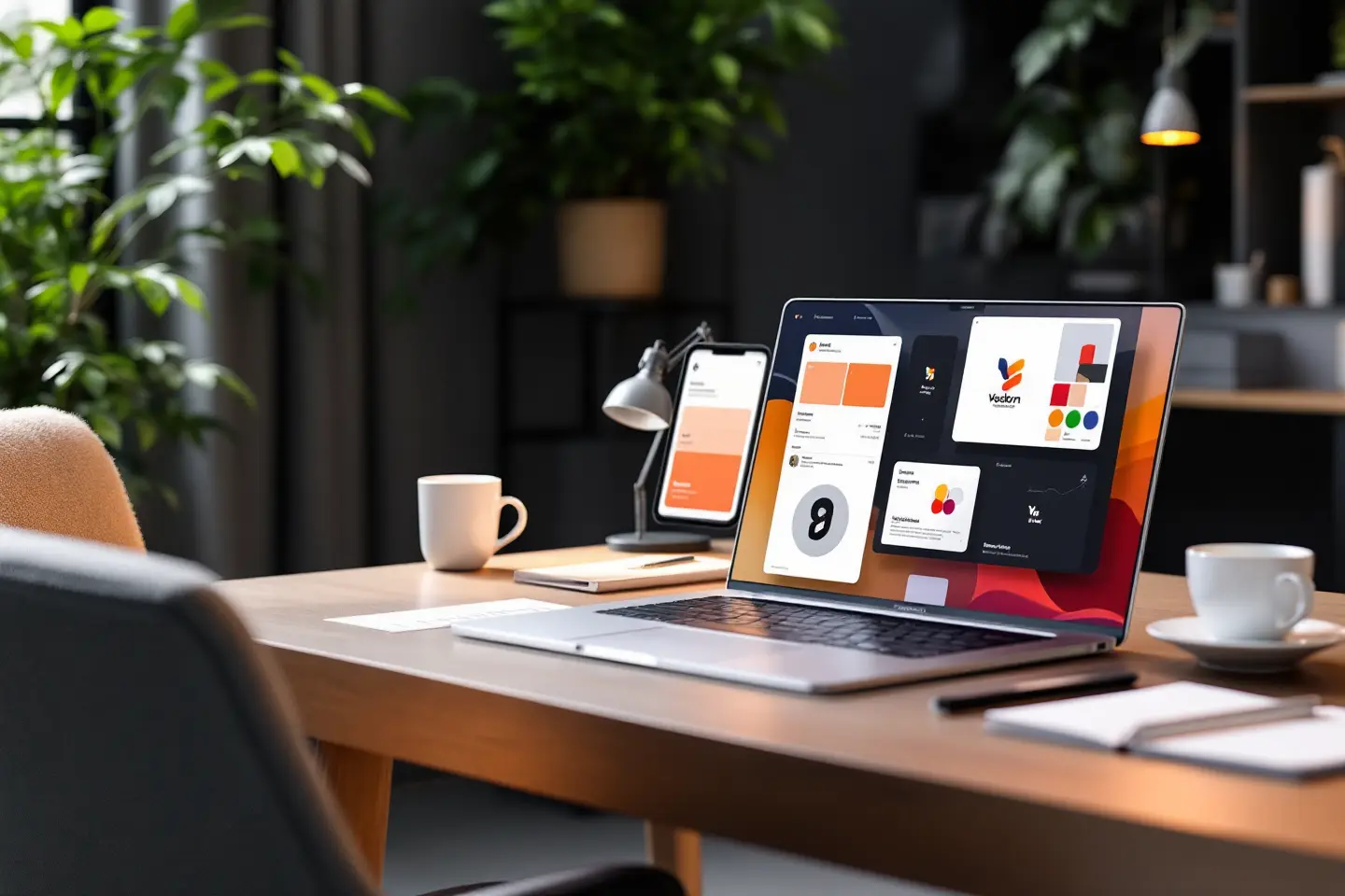 Notebook e tablet sobre mesa de escritório com identidade visual exibida na tela