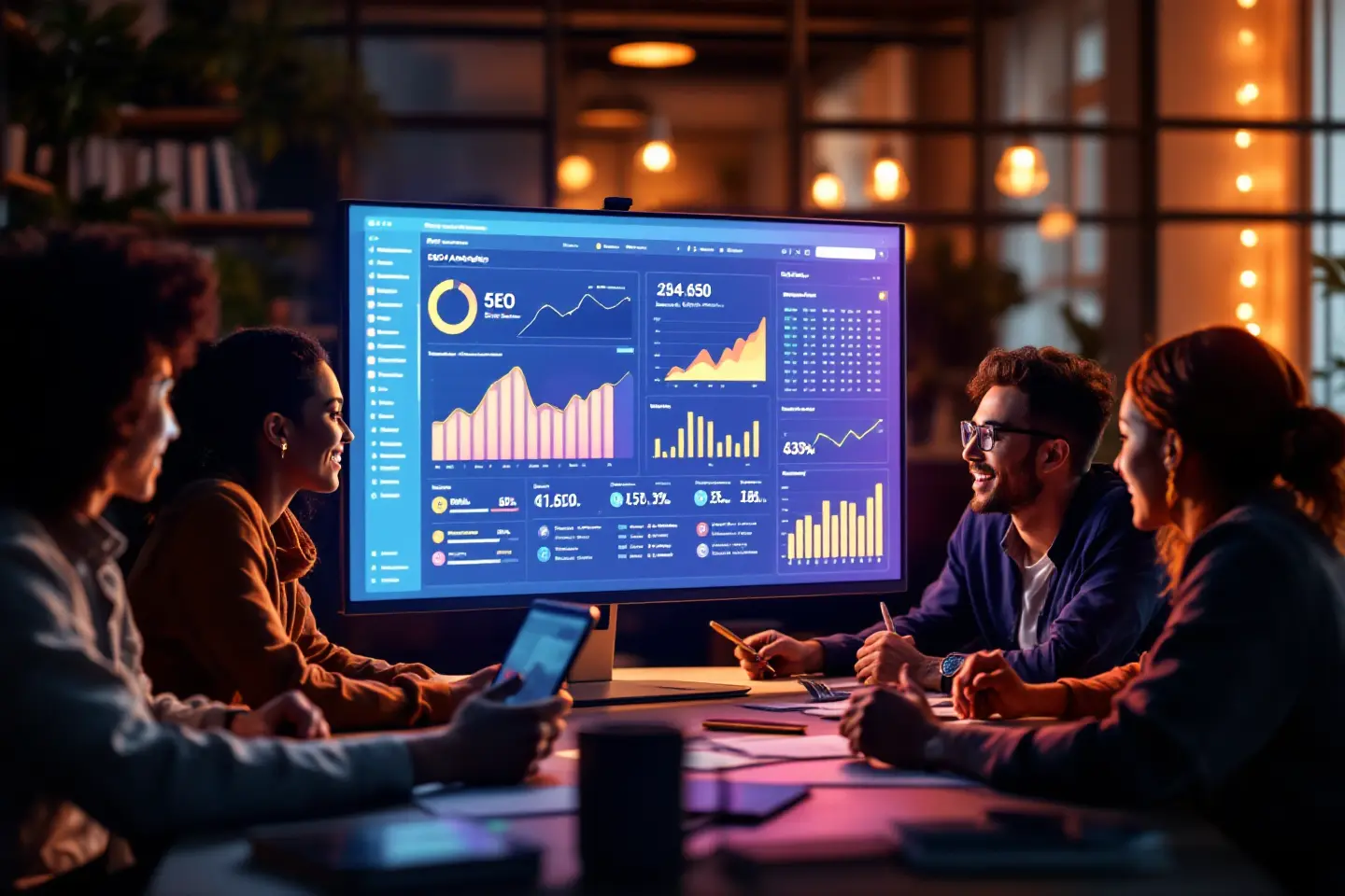 Equipe de marketing analisa gráficos e métricas de SEO em uma grande tela interativa