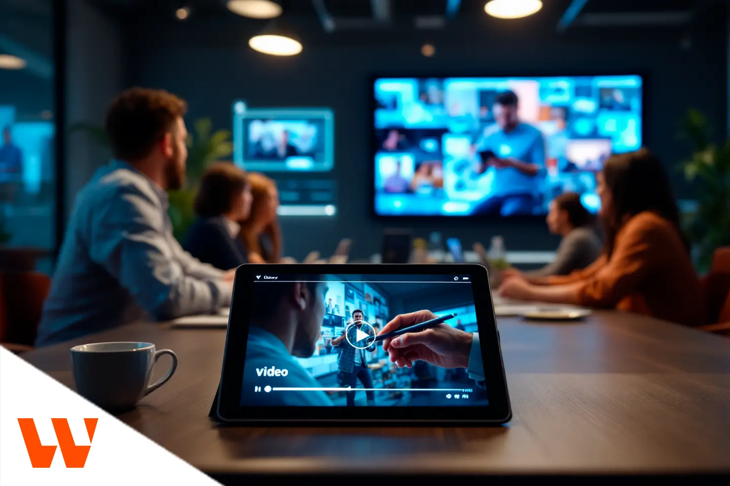 Tablet exibindo player de vídeo em uma sala de reunião, enquanto equipe assiste a apresentações em telas ao fundo.