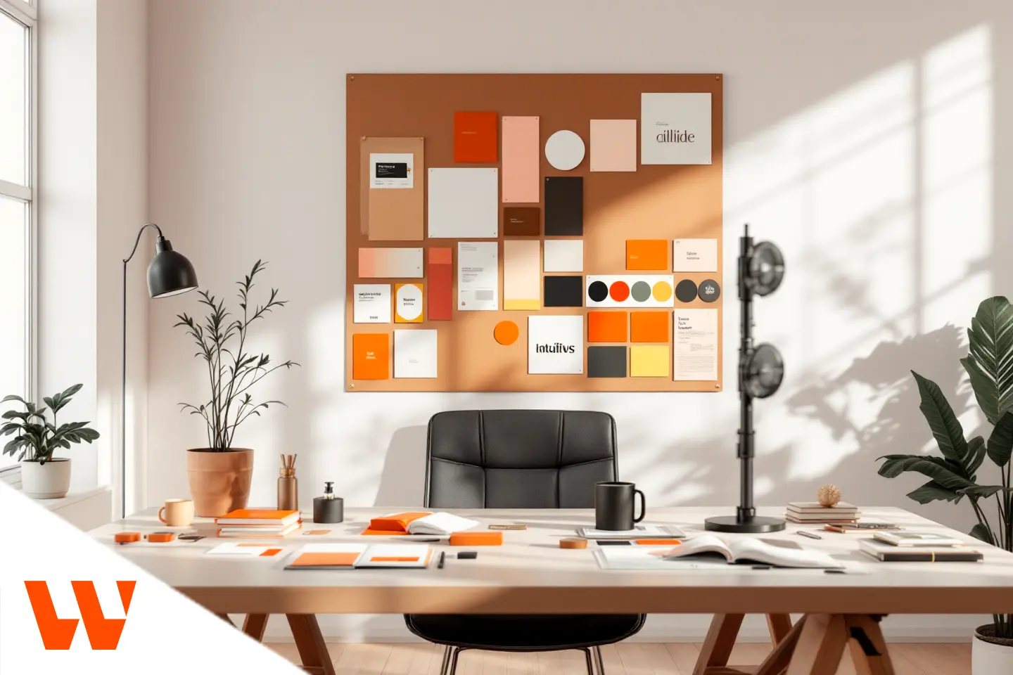 Mesa de escritório com materiais de identidade visual e quadro de cores e layouts na parede