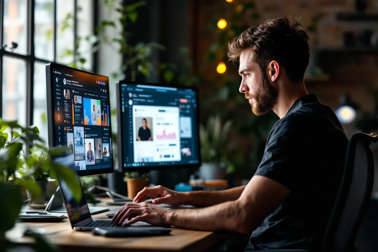 Homem trabalhando em múltiplos monitores com relatórios de marketing digital