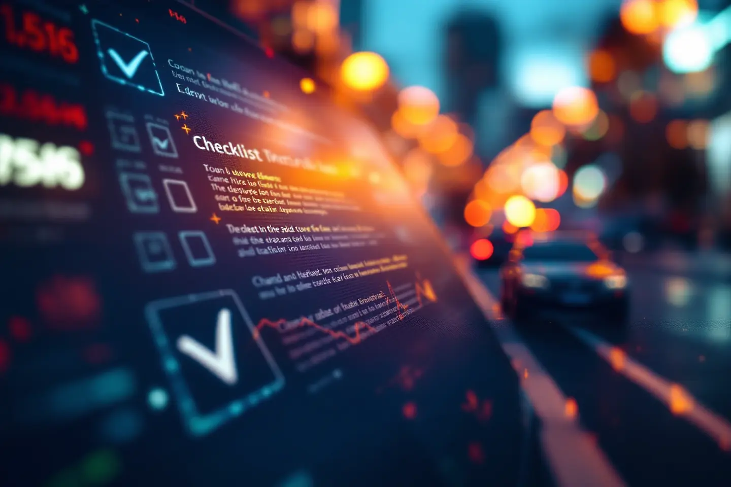 Tela digital com checklist e gráficos de desempenho iluminados em ambiente noturno