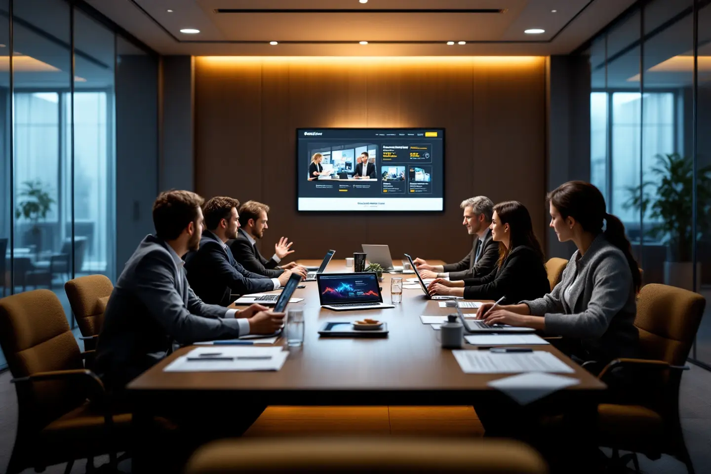 Equipe de executivos analisando apresentação de site em sala corporativa