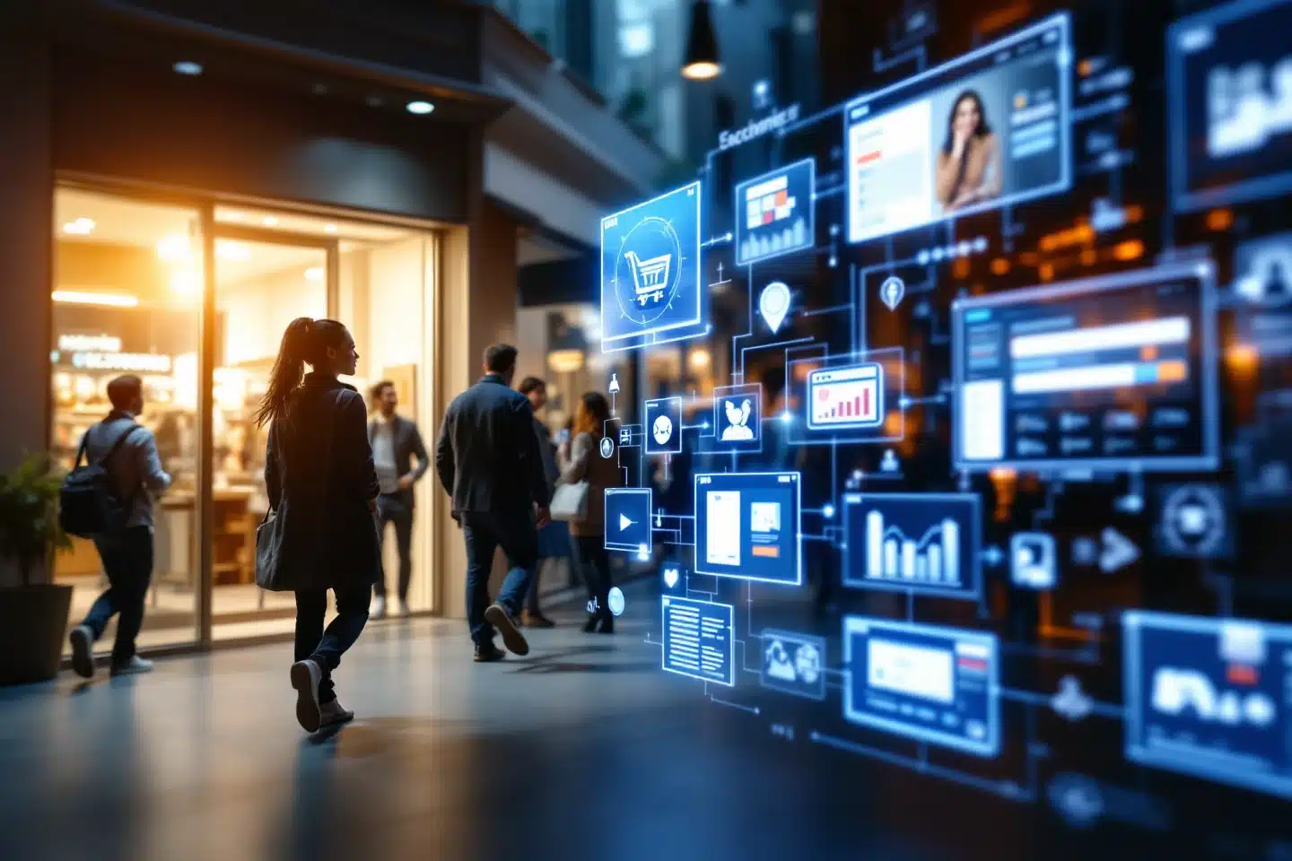 Painel urbano com ícones digitais representa anúncios online e jornada omnichannel gerando demanda contínua