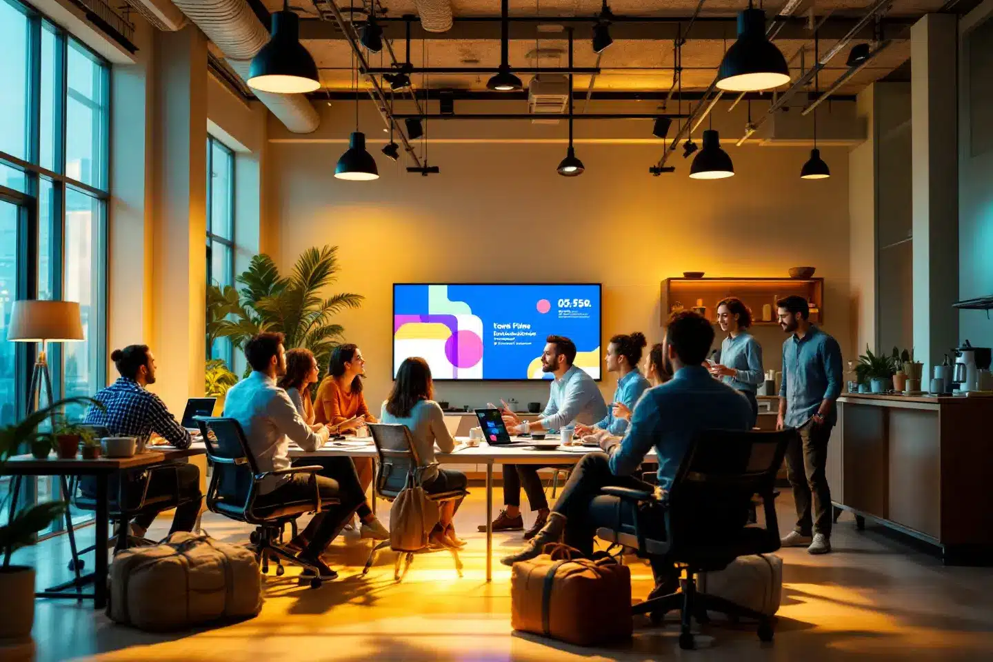 Equipe reunida em sala de reunião moderna com apresentação em tela grande