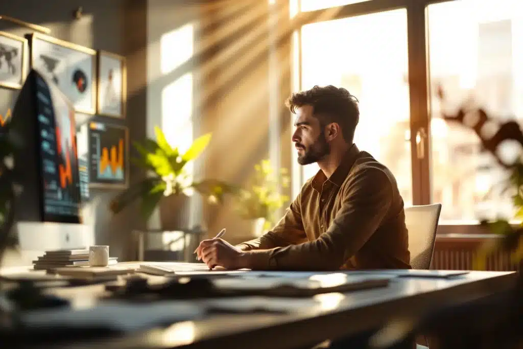 Profissional analisa gráficos de marketing no escritório, planejando campanhas de tráfego pago para previsibilidade