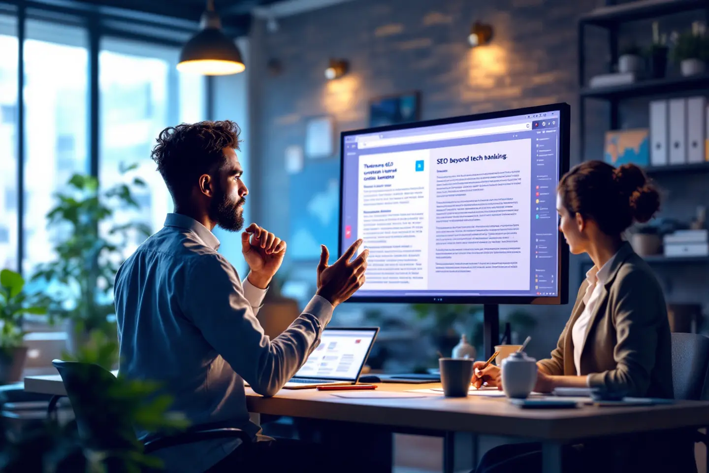 Profissional apresenta estratégias de SEO em tela digital durante reunião em escritório moderno.