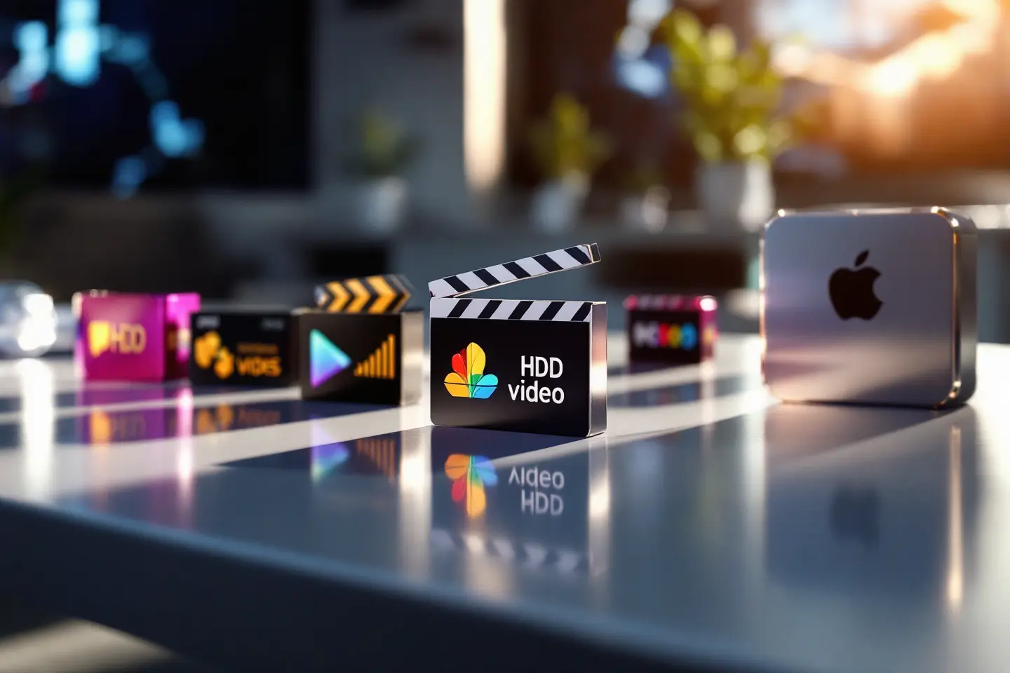 Ícones digitais de vídeo e mídia em 3D sobre uma mesa, representando armazenamento e reprodução de conteúdo multimídia.