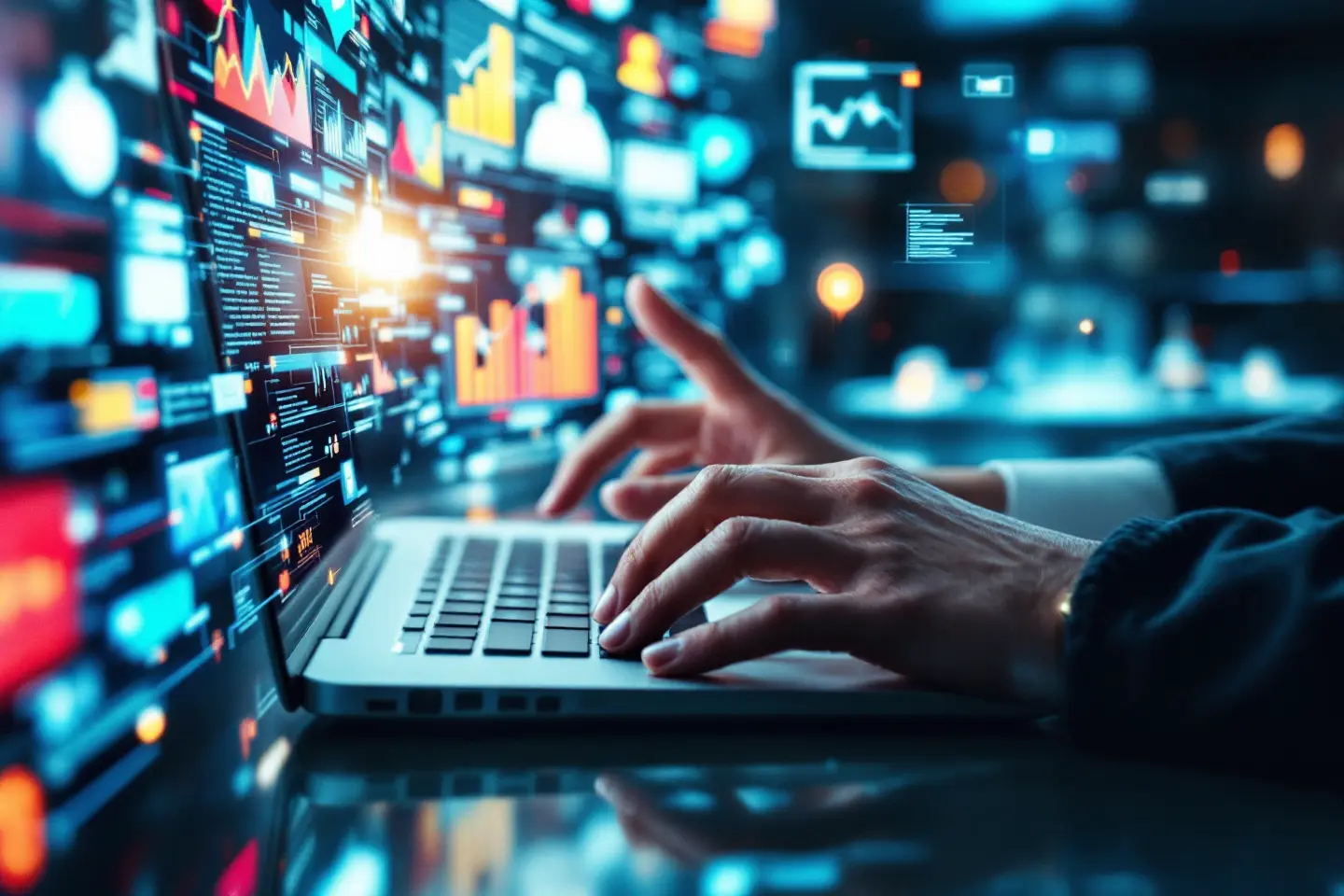 Pessoa digitando em notebook com múltiplos gráficos digitais e dados projetados na tela ao fundo