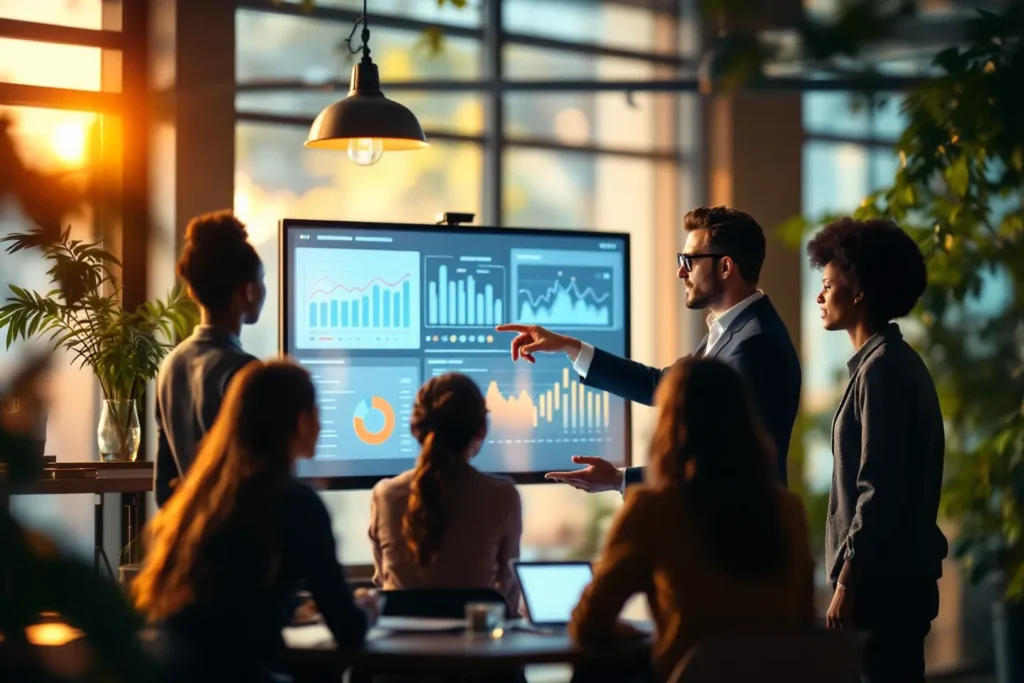 Profissional apresentando relatórios de marketing digital em tela para equipe de trabalho