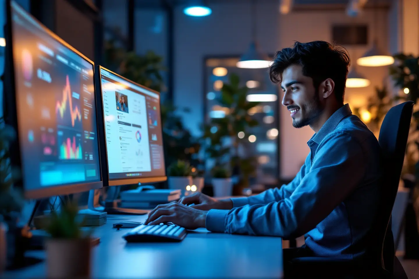 Profissional de marketing analisando gráficos em dois monitores de computador