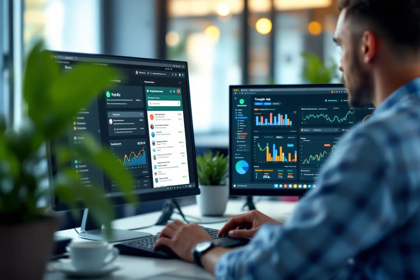 Profissional analisando relatórios de campanhas digitais em dois monitores