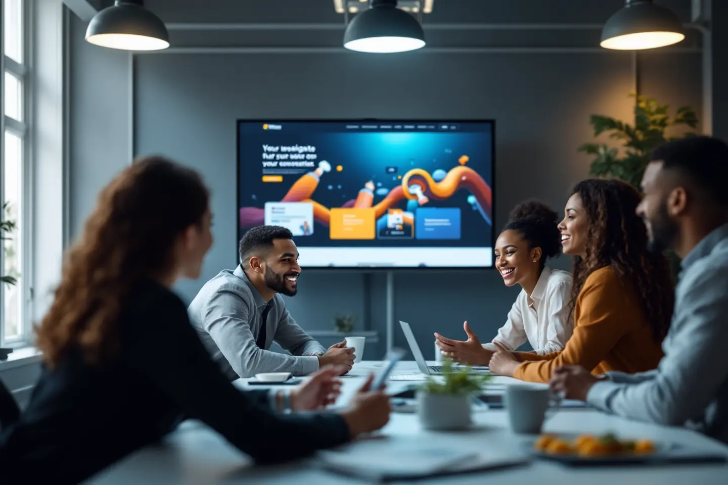 Grupo de empresários sorrindo em frente a tela exibindo design de site