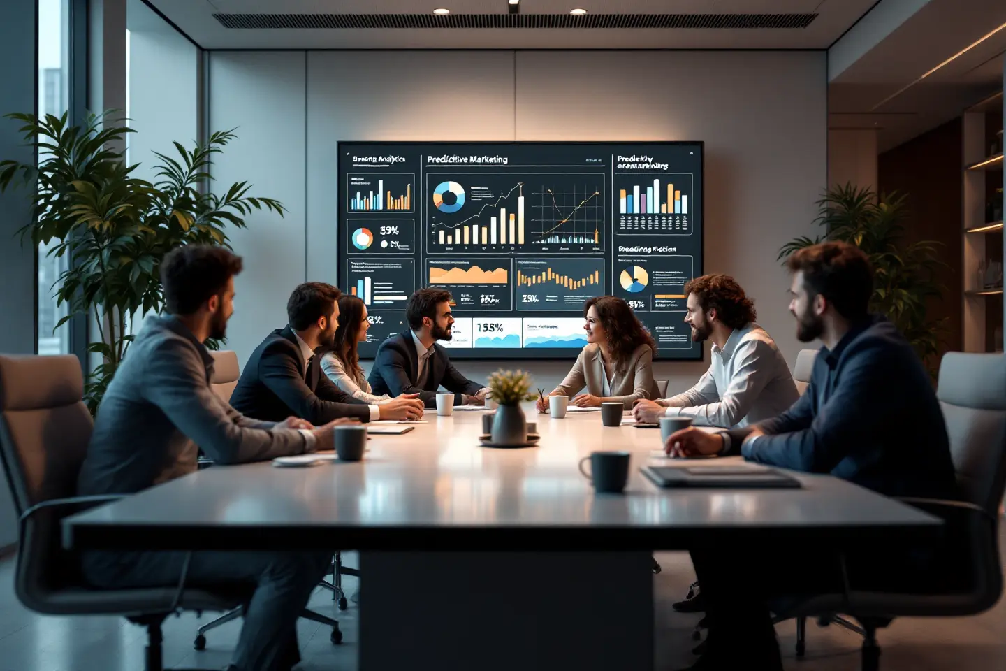 Reunião corporativa analisando métricas de branding e marketing estratégico em painel digital