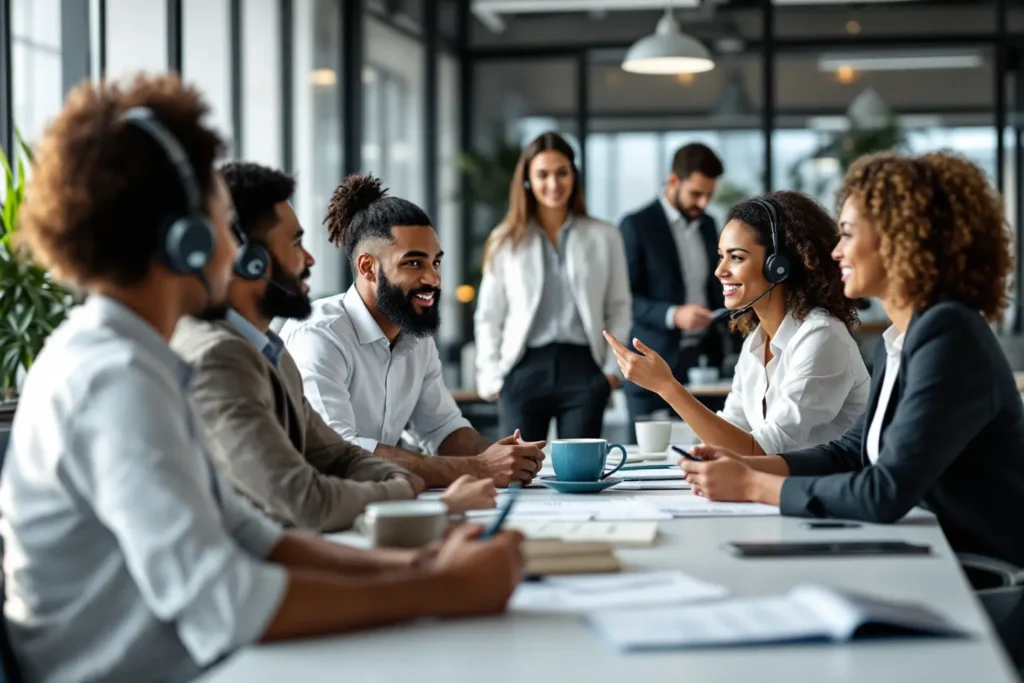 equipe de atendimento discutindo estratégias de captação de clientes locais