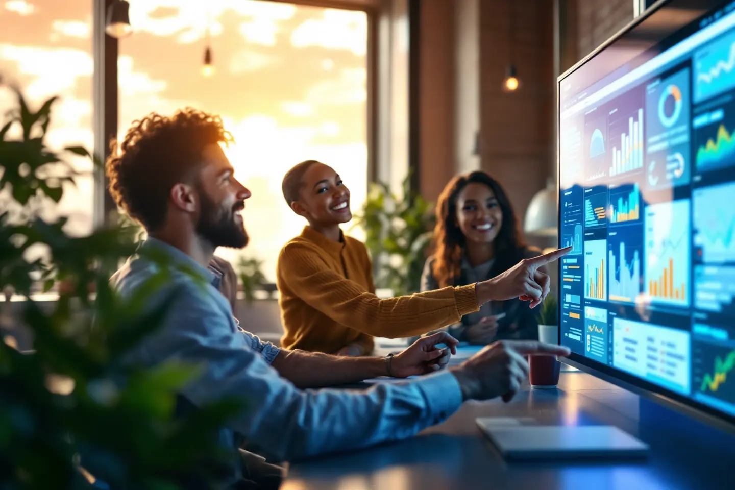 Grupo de profissionais discute relatórios de SEO e crescimento digital em ambiente corporativo.