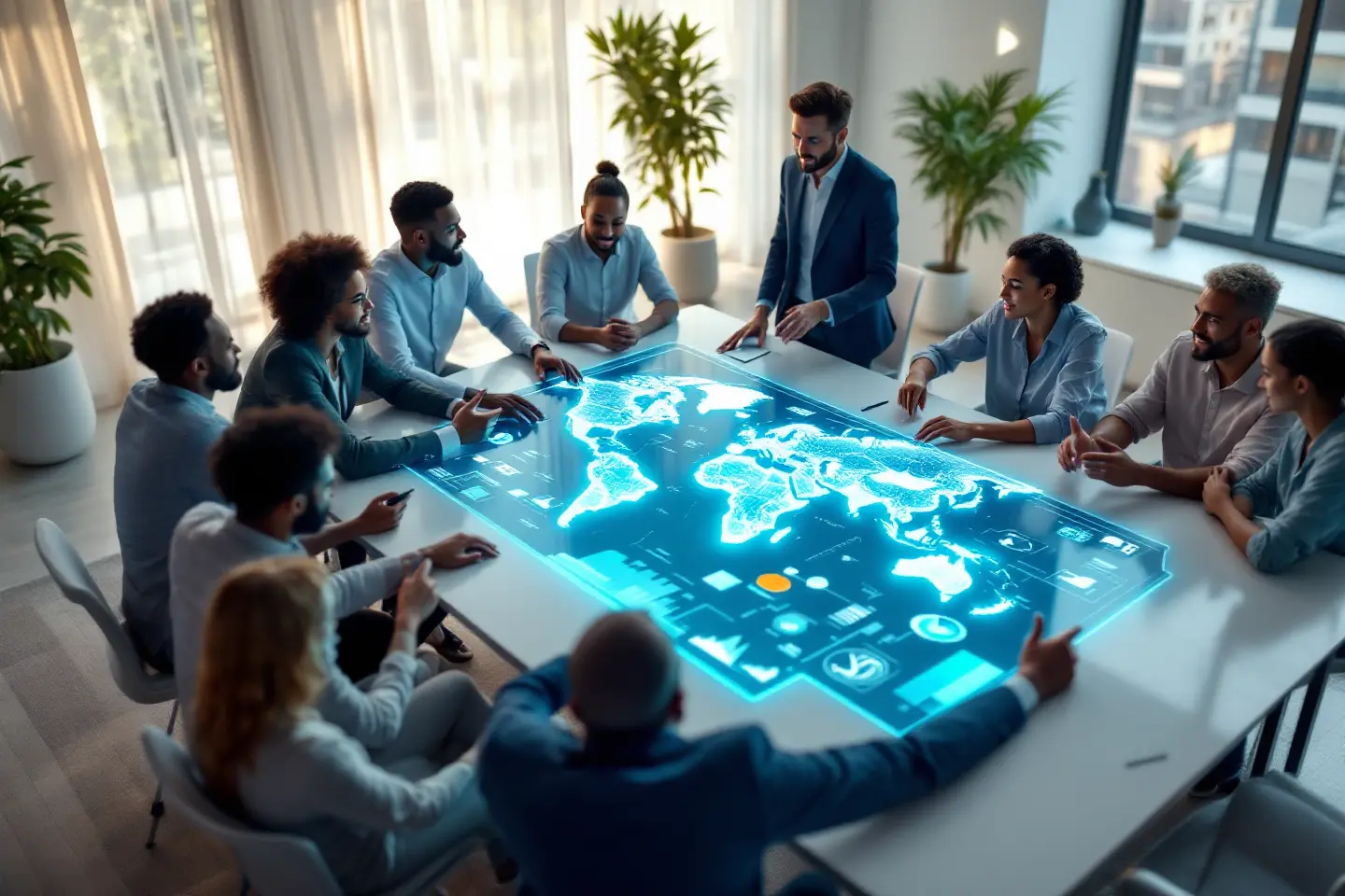Equipe corporativa reunida em torno de mesa digital interativa com mapa-múndi iluminado, discutindo estratégias globais.
