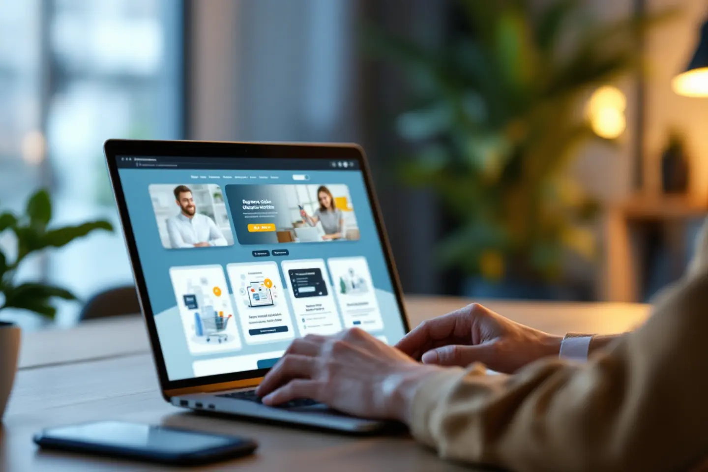 Notebook exibindo site corporativo com imagens de profissionais e ícones de serviços em destaque
