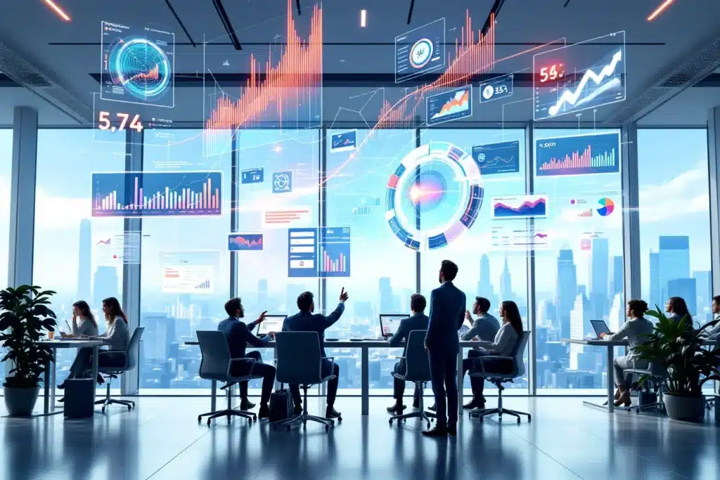 Equipe analisando gráficos digitais de marketing e performance em sala corporativa