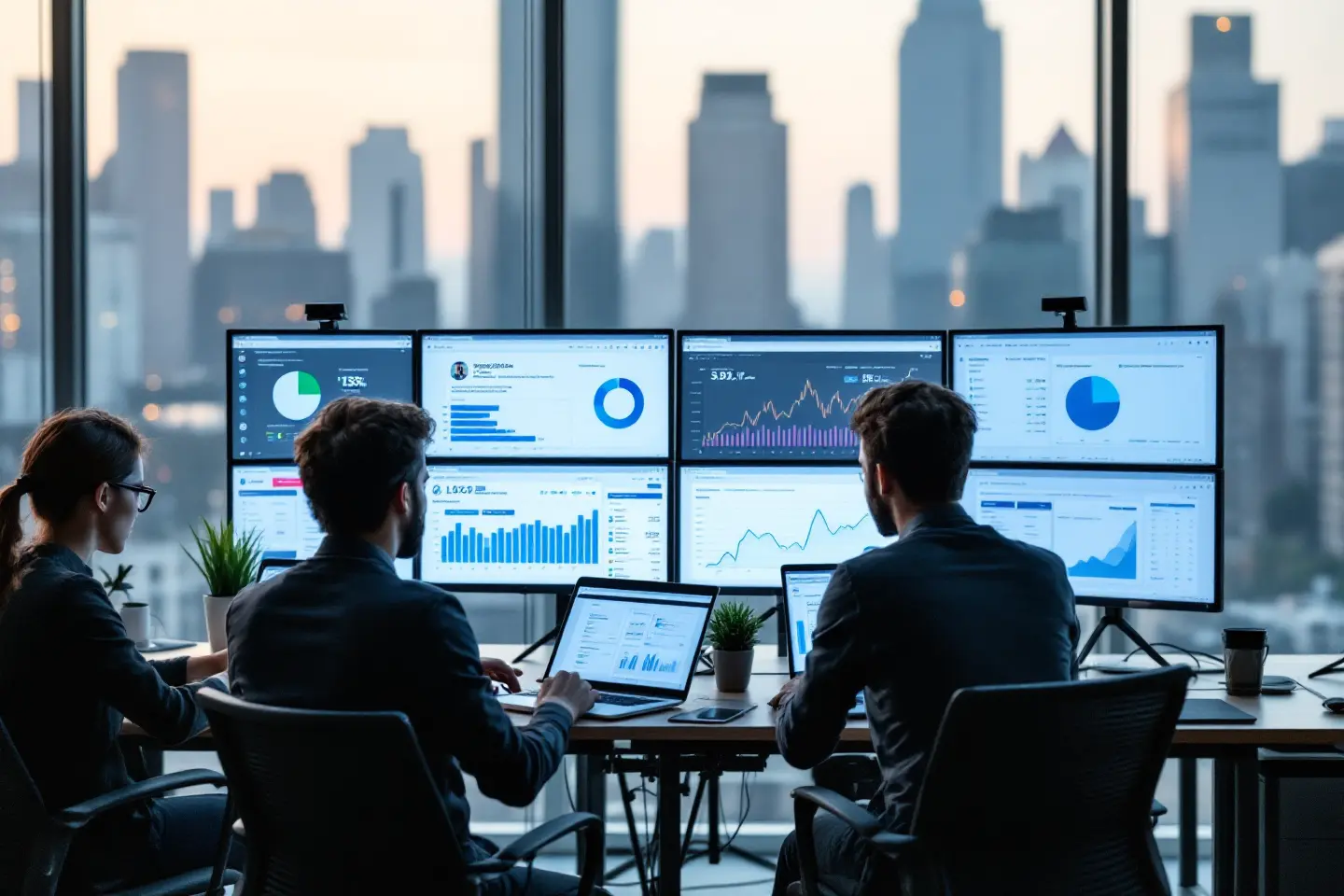 Equipe de marketing analisando métricas em vários monitores