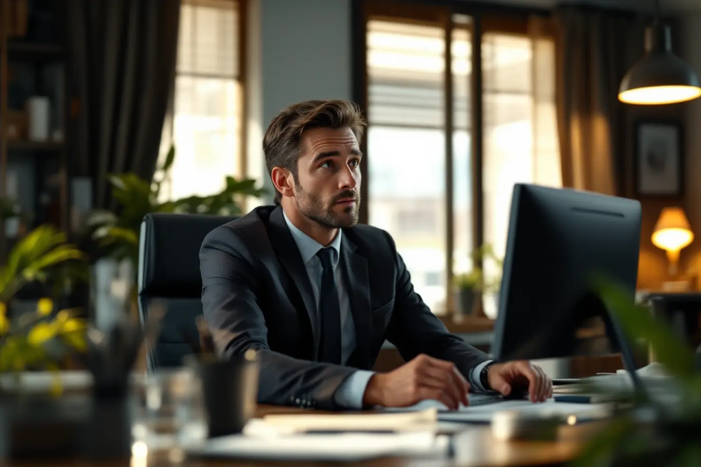 Empresário em escritório analisando métricas de marketing digital no computador