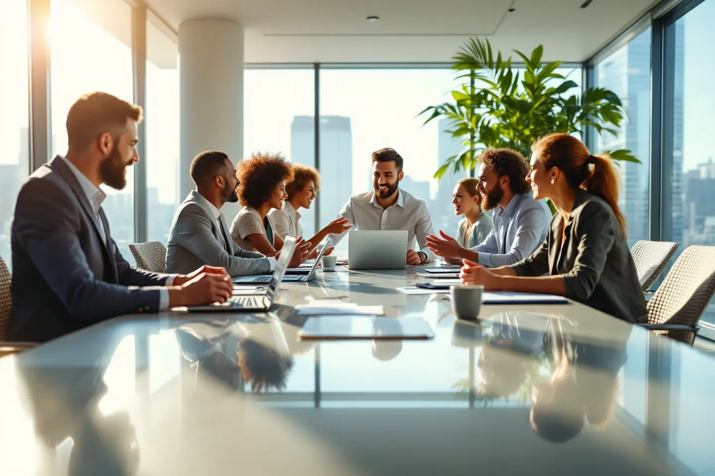 Grupo de executivos reunidos em sala de reunião moderna discutindo estratégias de negócios