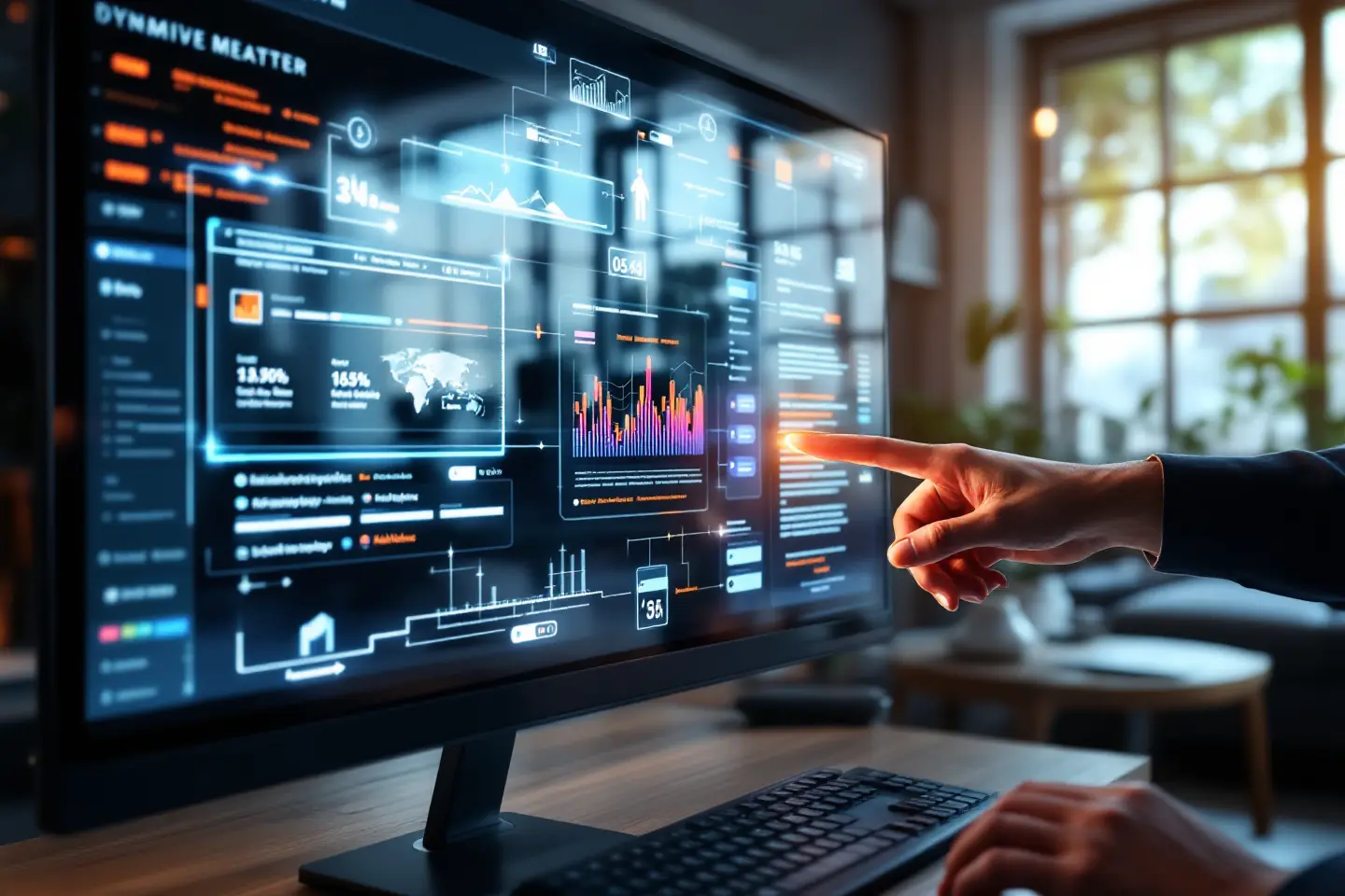 Mão apontando para dashboard digital em monitor com gráficos de desempenho