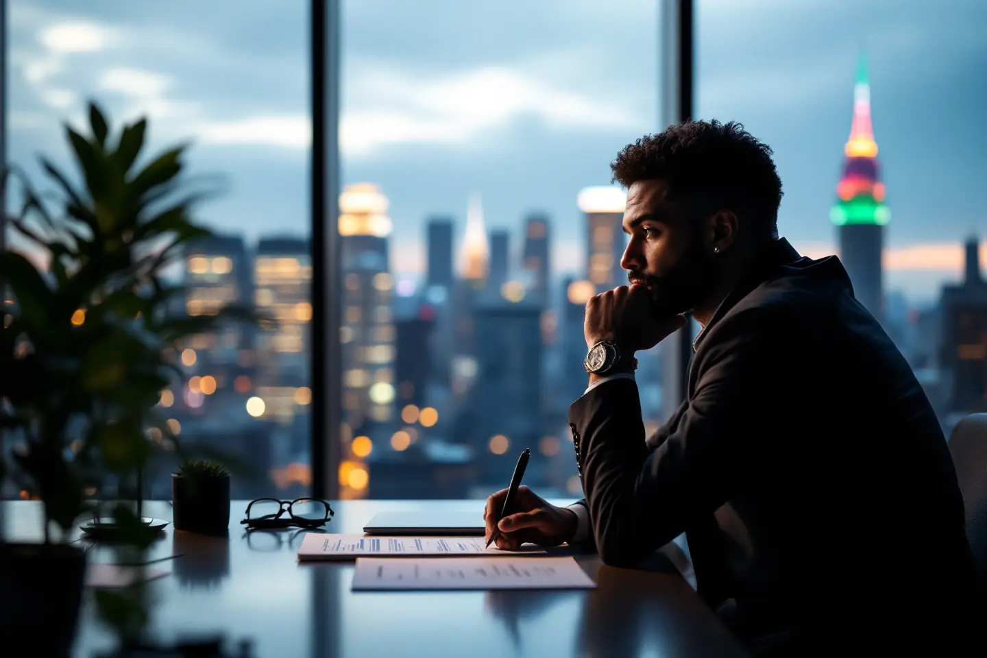 Empresário refletindo sobre estratégia de branding em escritório com vista para cidade