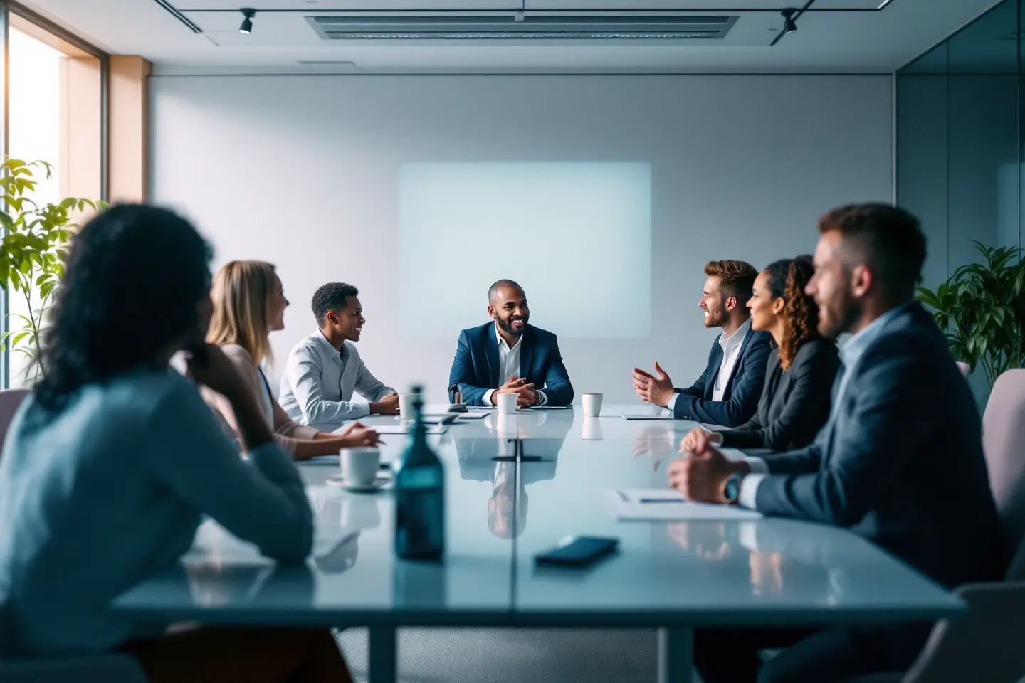 Grupo de executivos discutindo em mesa de reunião corporativa iluminada