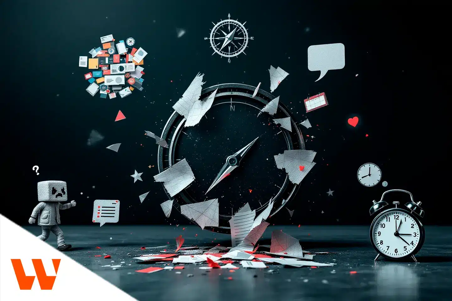 bússola com papéis voando, relógios e elementos digitais