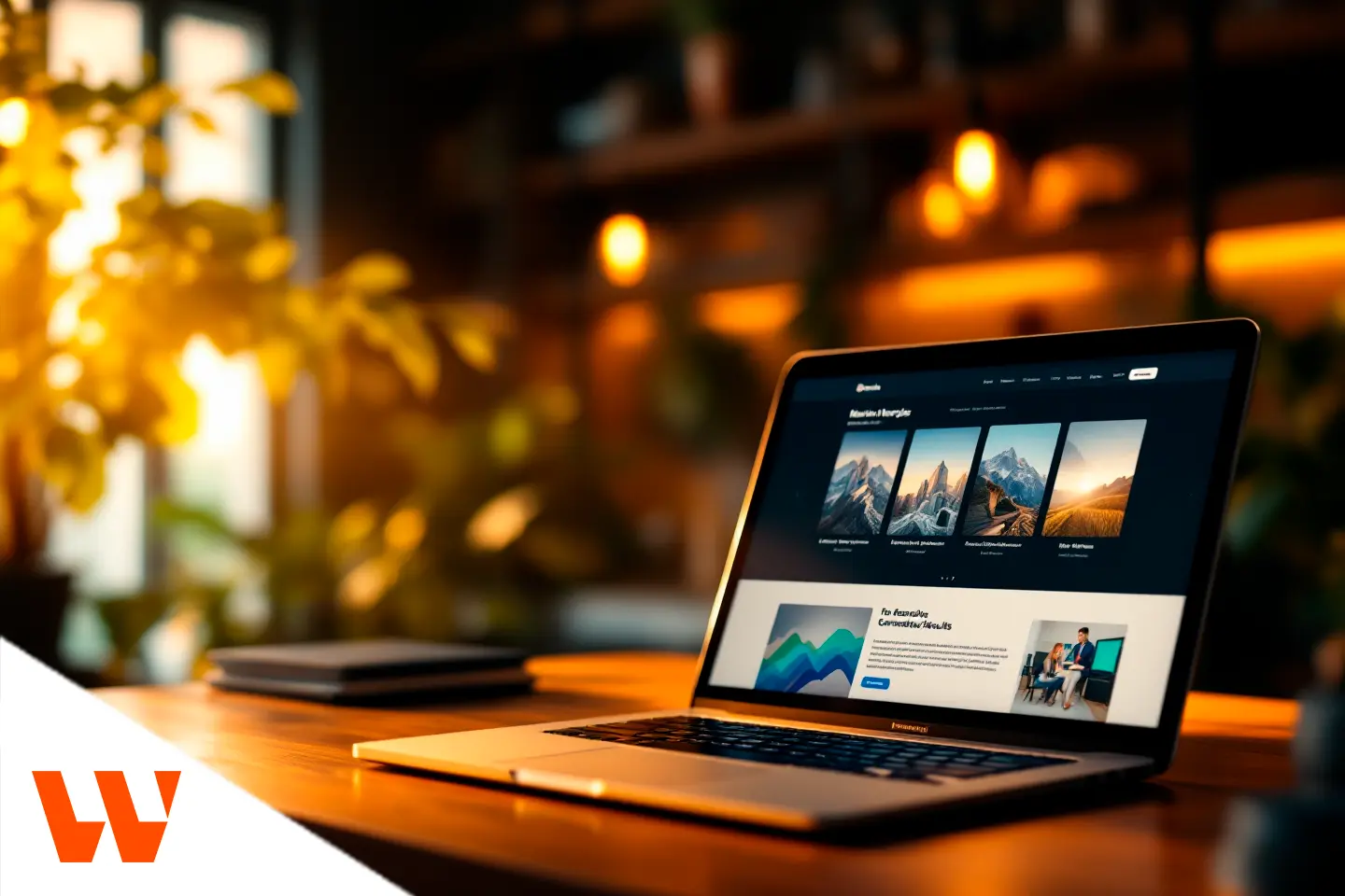 Notebook exibindo site profissional sobre mesa de madeira com iluminação quente