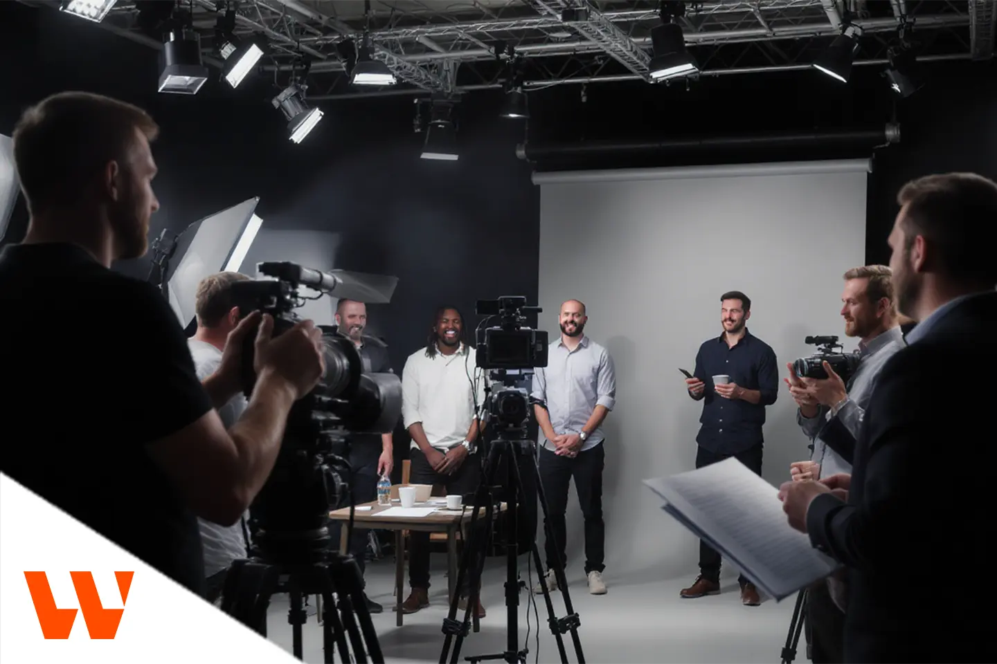 Equipe de filmagem gravando vídeo institucional em estúdio profissional com iluminação e câmeras