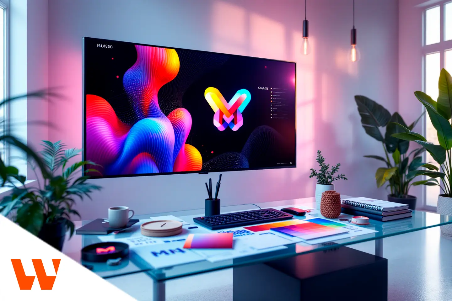 Mesa de design com monitor exibindo identidade visual colorida e materiais de branding sobre a mesa.