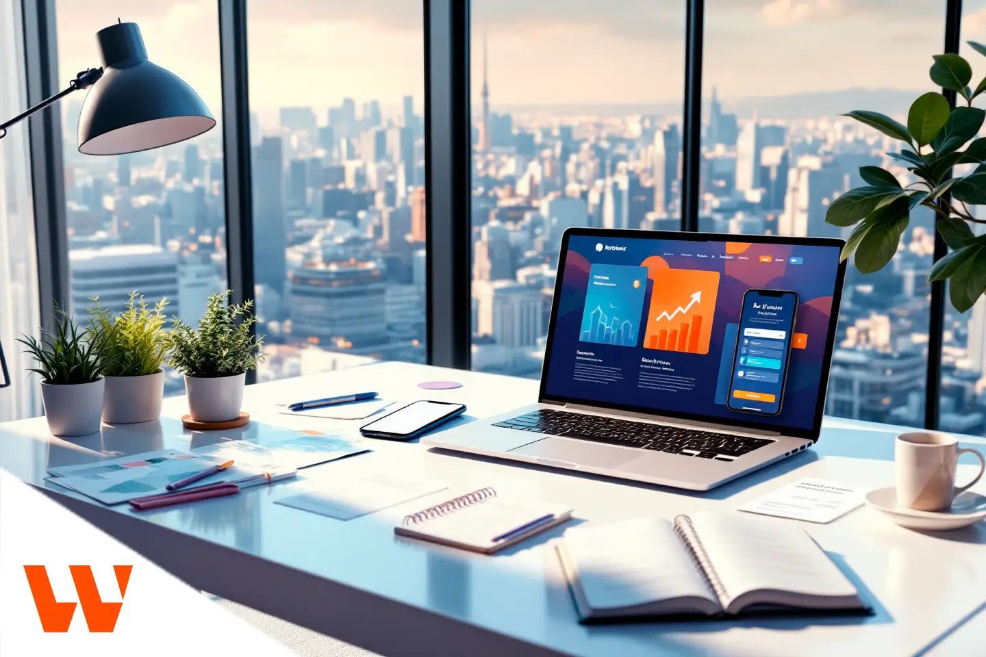 Mesa de trabalho com notebook exibindo gráficos e materiais de planejamento de marketing