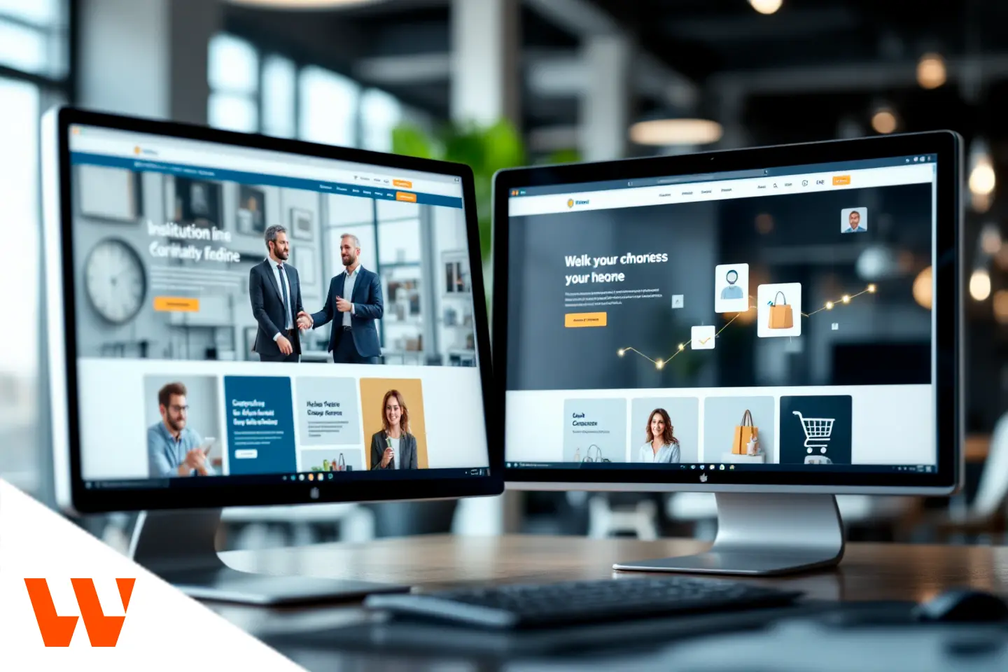 Dois monitores exibindo sites institucionais e de vendas em um escritório moderno.