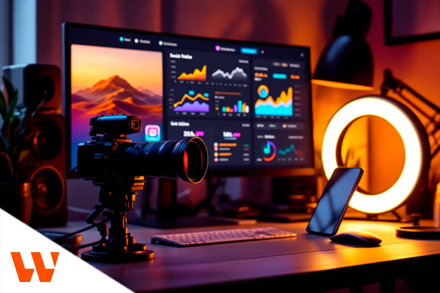 Câmera profissional sobre mesa com monitor exibindo gráficos de marketing digital e iluminação de estúdio.