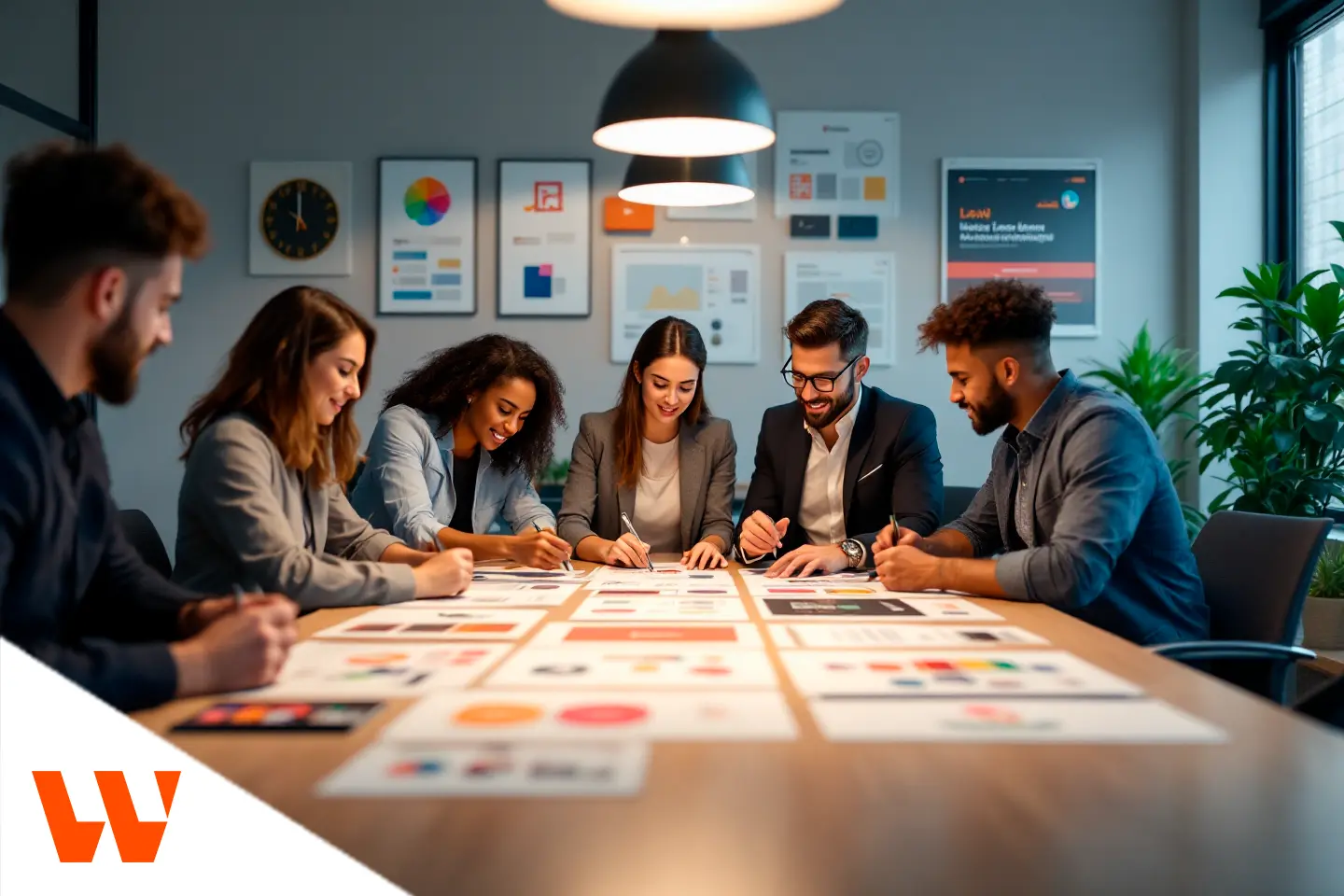 Equipe de profissionais reunida em mesa de trabalho analisando layouts e elementos de identidade visual de uma marca.